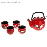 Набор для чайной церемонии 5 предметов "Белая сакура на красном" (чайник 600 мл, чашка 70 мл)