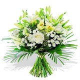 Хризантема, Роза, Лилия, Эустома, Зелень, Упаковка